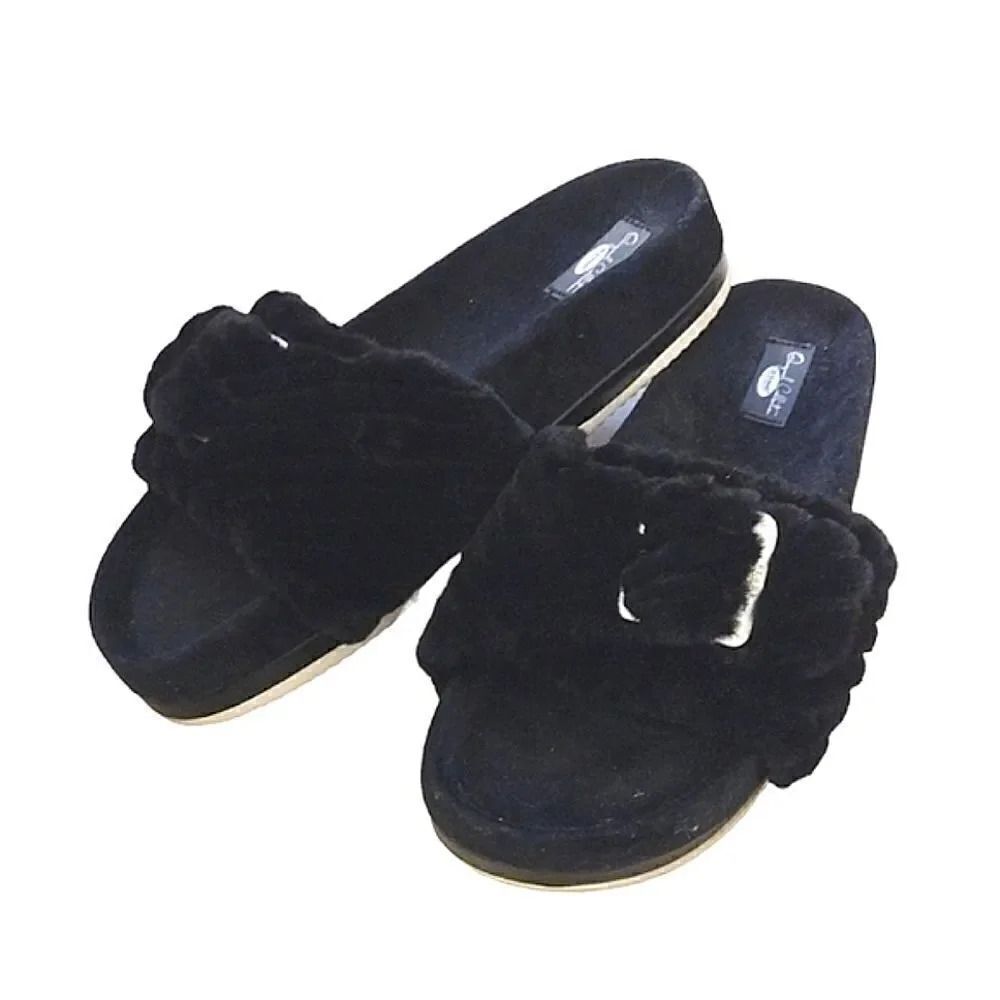 Dr Scholl's Black Faux Fur Classic Buckle Platform Slides Sandals SZ 8